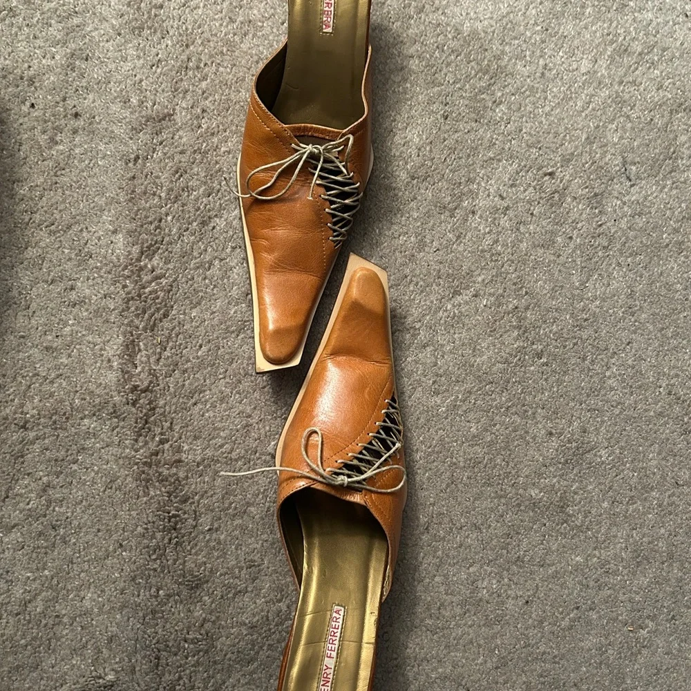 Henry Ferrera Tan Leather Slip-On Lace-Up Mules - Picture 5 of 6